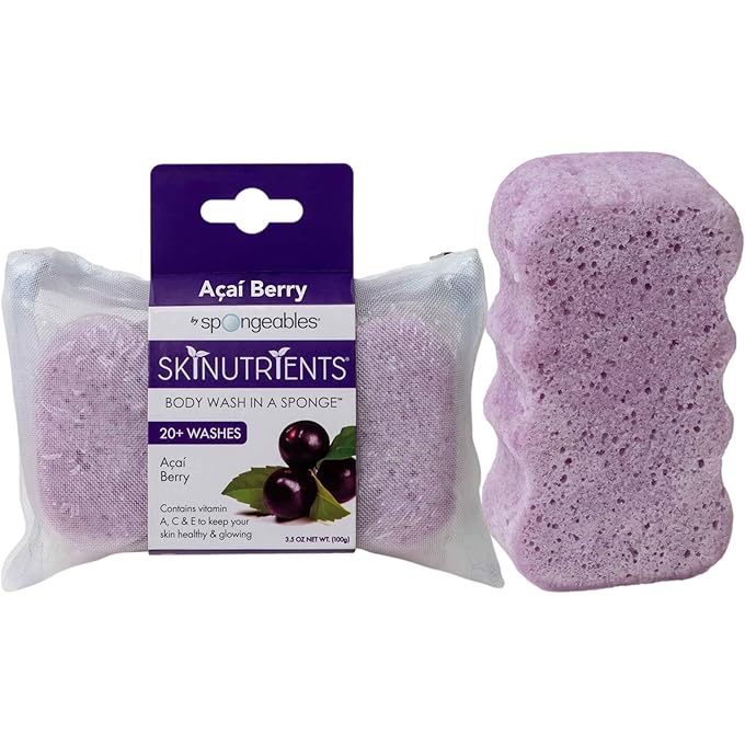Spongeables Skinutrients Body Wash in a Sponge, Acai Berry, With Bonus Travel Bag, 20+ Washes, 3.5 oz Sponge - Image 1